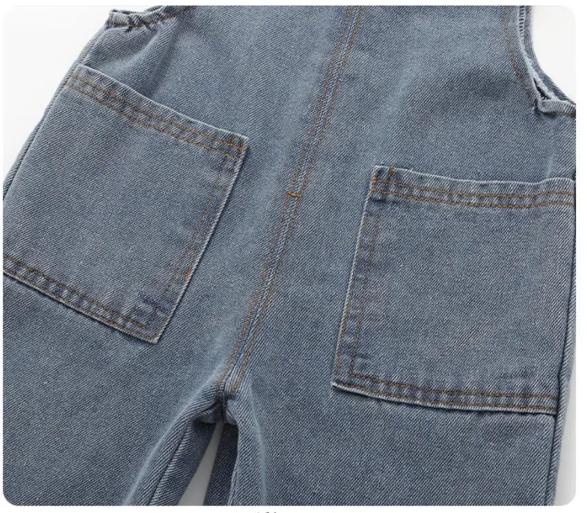 2026 New Korean Version Soft Washed Denim Children's Baby Jumpsuit Boys and Girls Front Pocket Solid Color Integrated Pants 0-5Y