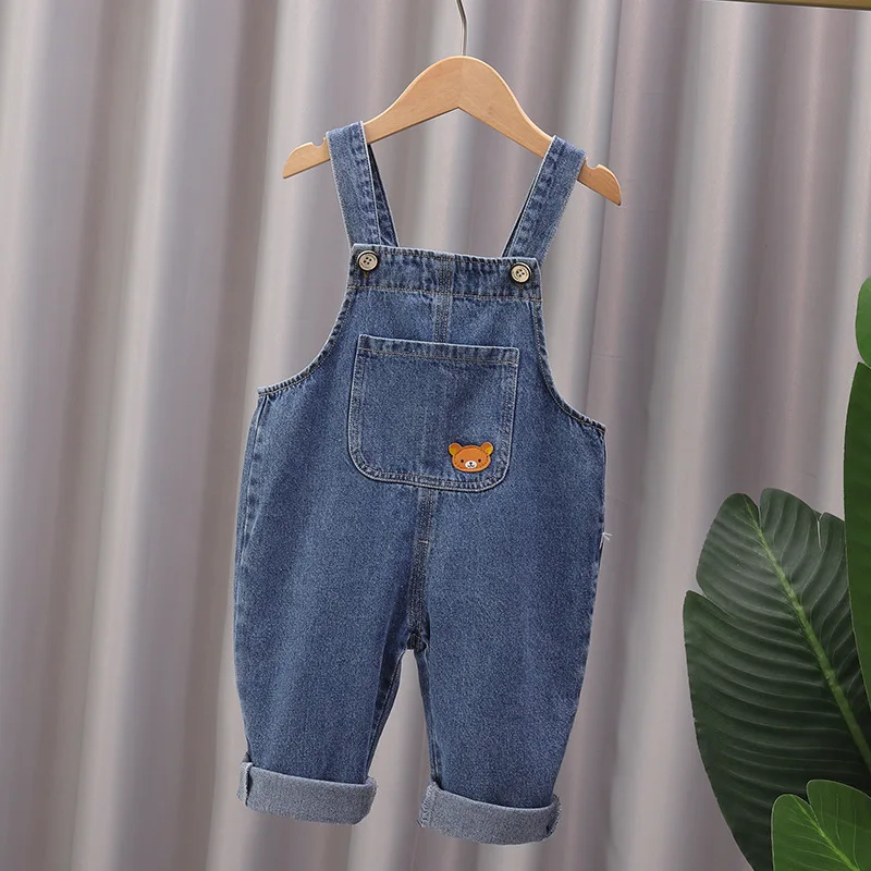 2026 New Korean Version Soft Washed Denim Children's Baby Jumpsuit Boys and Girls Front Pocket Solid Color Integrated Pants 0-5Y