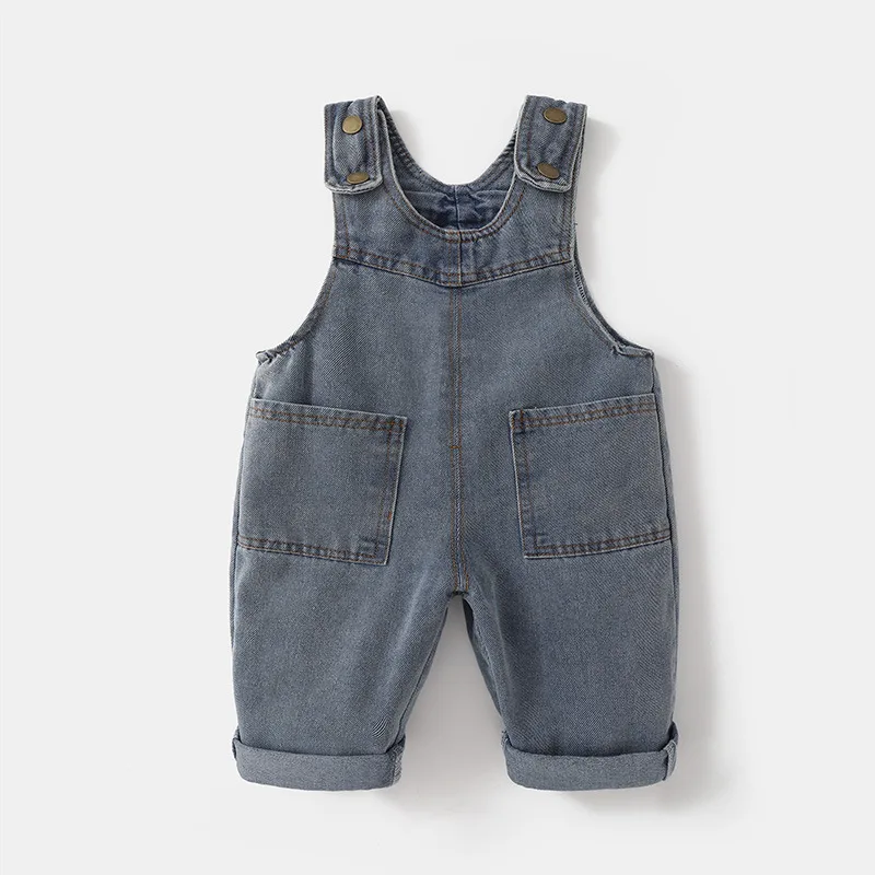 2026 New Korean Version Soft Washed Denim Children's Baby Jumpsuit Boys and Girls Front Pocket Solid Color Integrated Pants 0-5Y