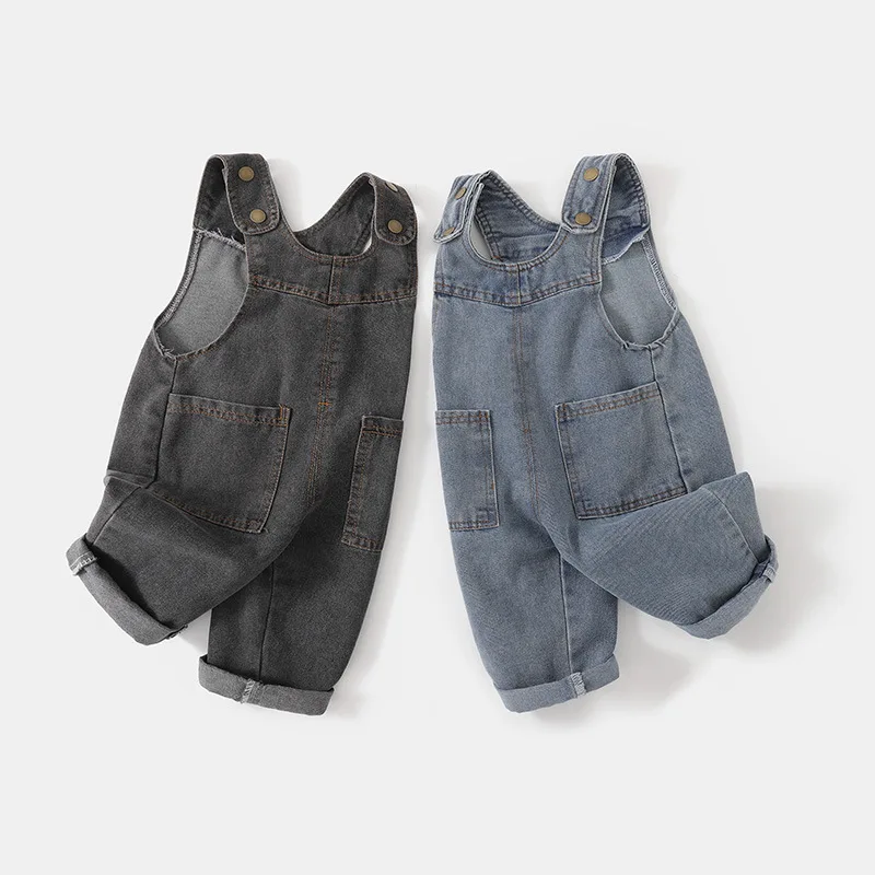 2026 New Korean Version Soft Washed Denim Children's Baby Jumpsuit Boys and Girls Front Pocket Solid Color Integrated Pants 0-5Y