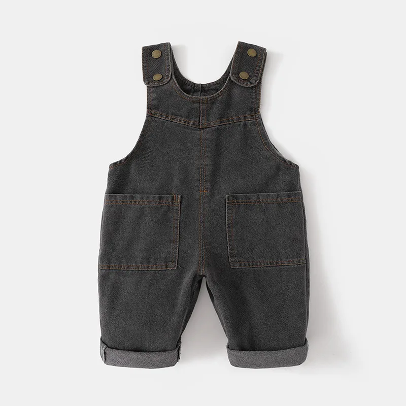 2026 New Korean Version Soft Washed Denim Children's Baby Jumpsuit Boys and Girls Front Pocket Solid Color Integrated Pants 0-5Y