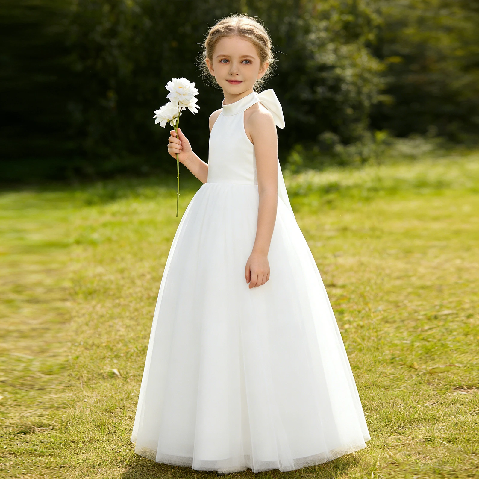 White Chiffon Satin Wedding Dress, Elegant Girl Beauty Pageant Long Dress, Fancy Ball Girl Carnival Costume