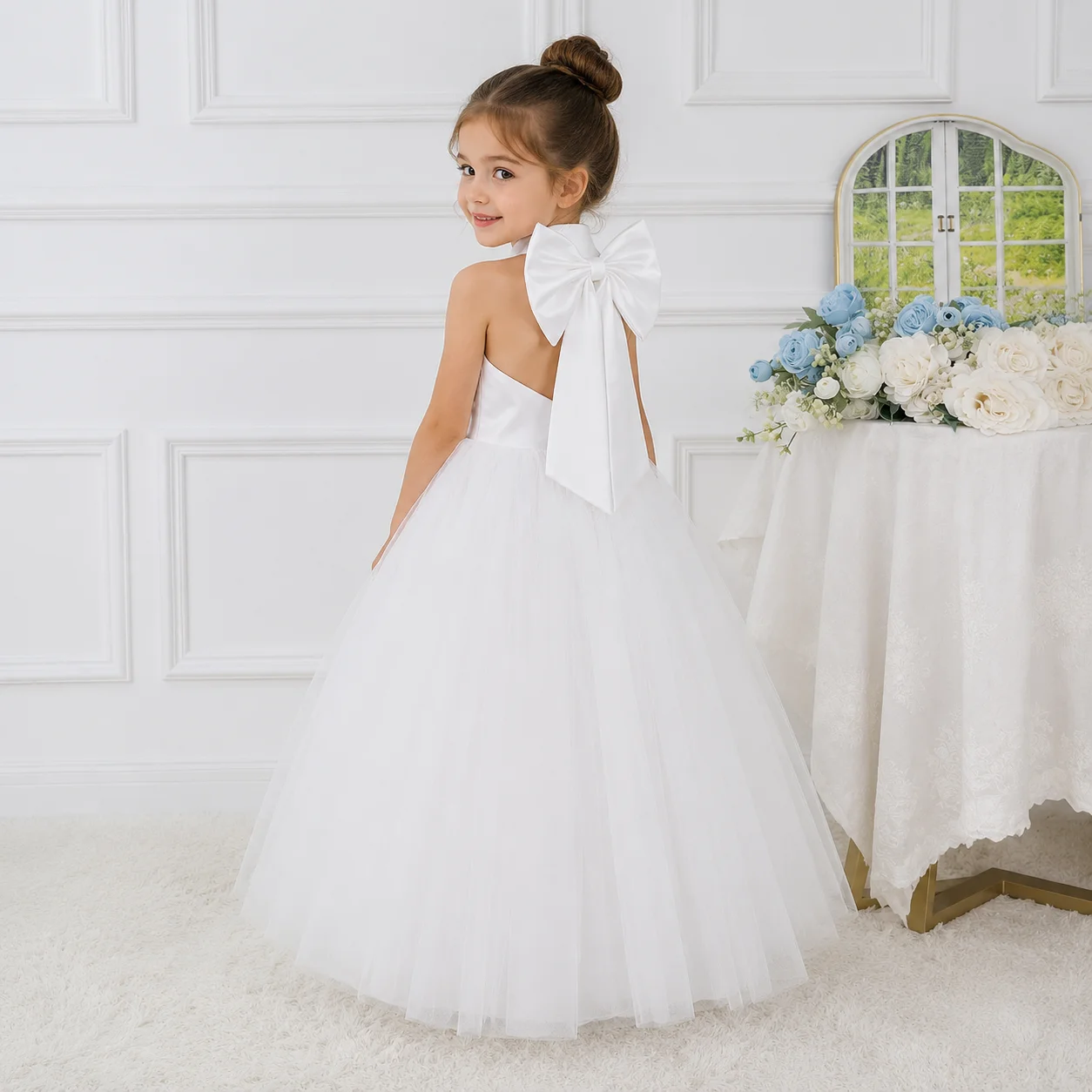 White Chiffon Satin Wedding Dress, Elegant Girl Beauty Pageant Long Dress, Fancy Ball Girl Carnival Costume