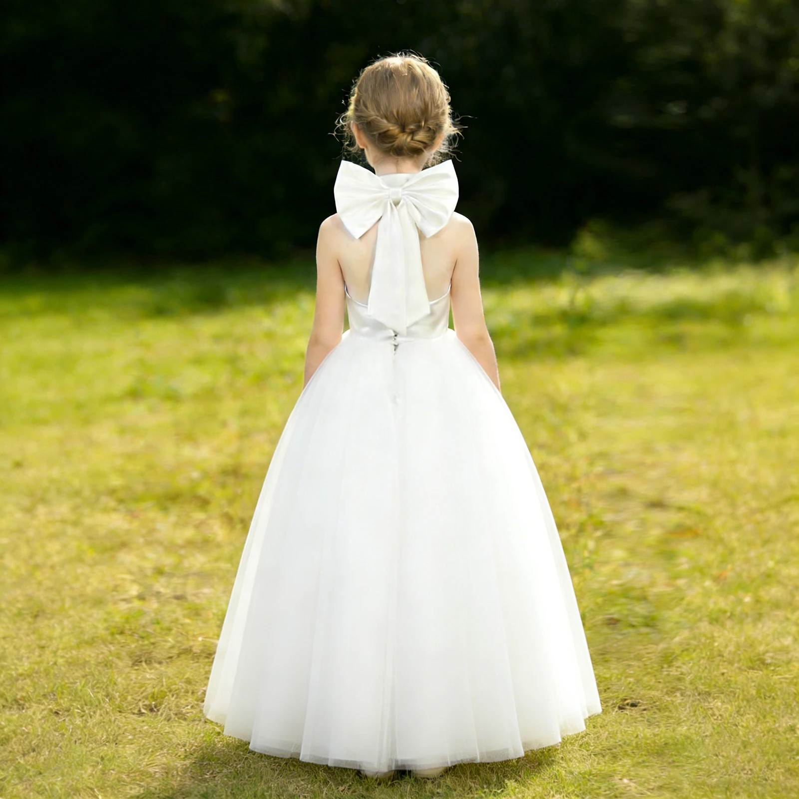 White Chiffon Satin Wedding Dress, Elegant Girl Beauty Pageant Long Dress, Fancy Ball Girl Carnival Costume