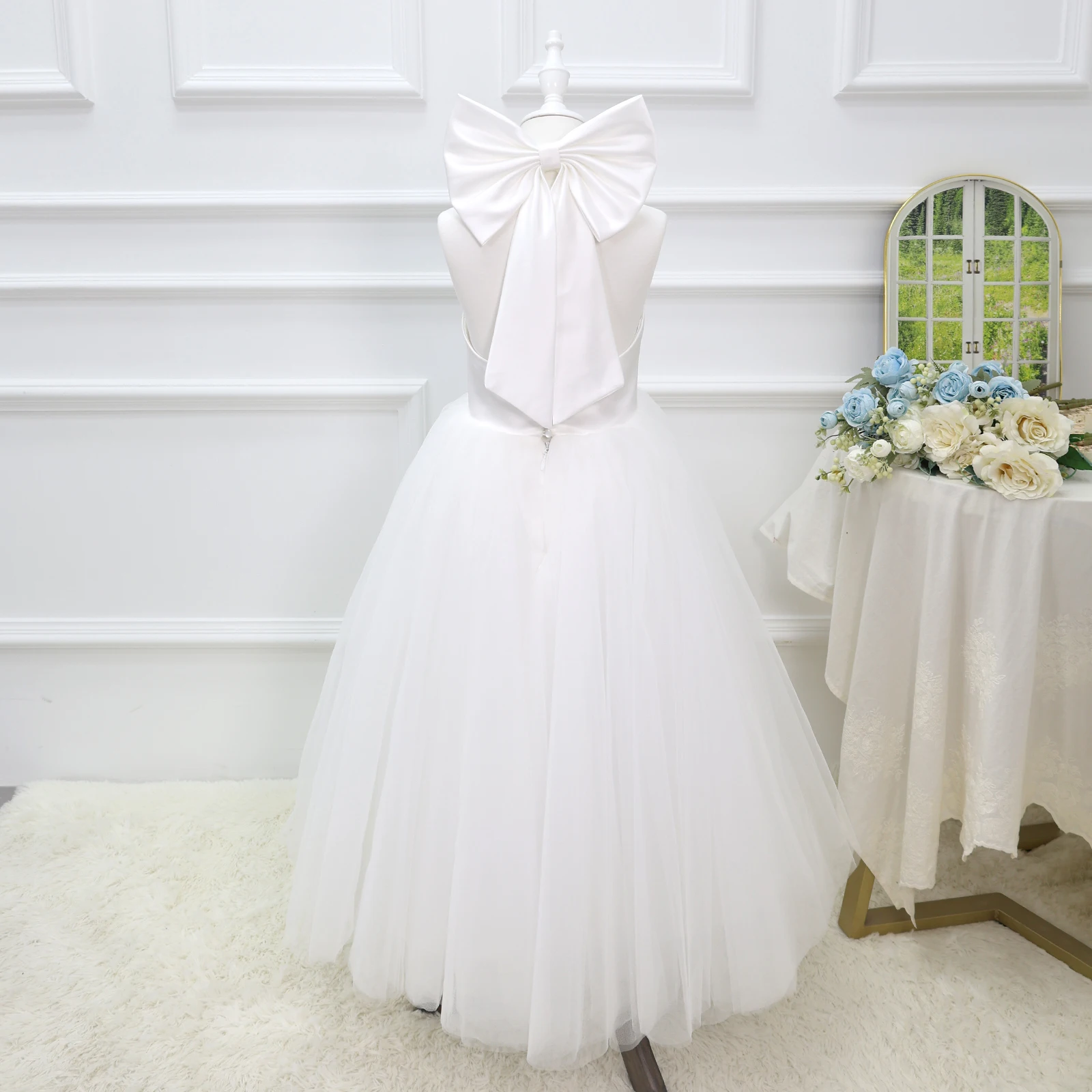 White Chiffon Satin Wedding Dress, Elegant Girl Beauty Pageant Long Dress, Fancy Ball Girl Carnival Costume
