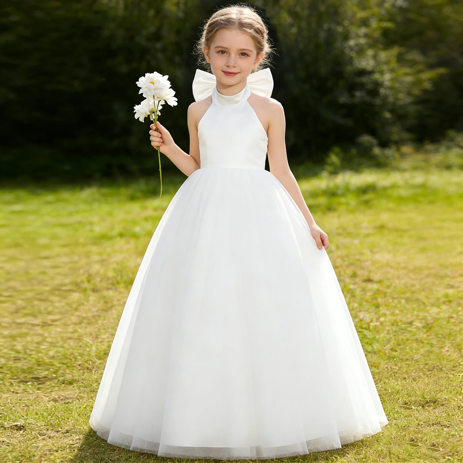 White Chiffon Satin Wedding Dress, Elegant Girl Beauty Pageant Long Dress, Fancy Ball Girl Carnival Costume