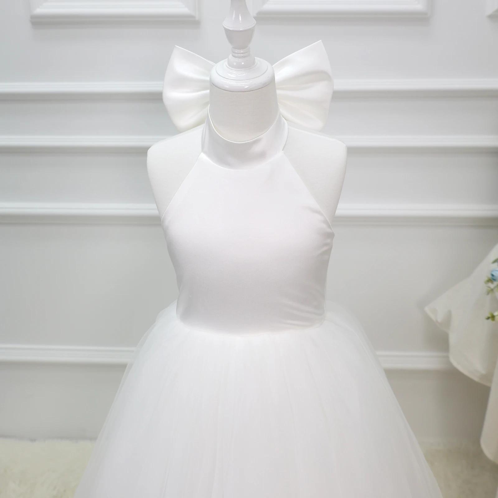 White Chiffon Satin Wedding Dress, Elegant Girl Beauty Pageant Long Dress, Fancy Ball Girl Carnival Costume