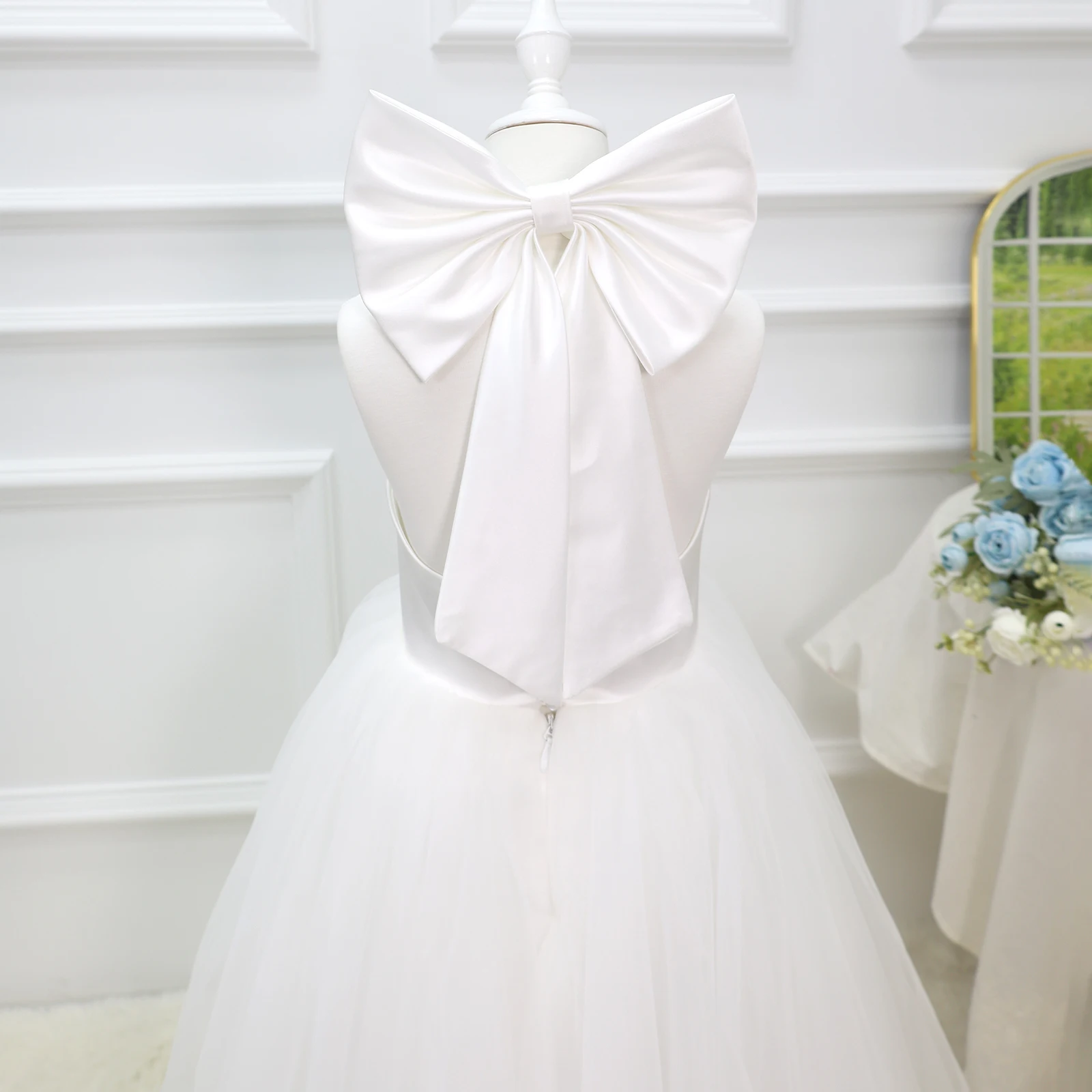White Chiffon Satin Wedding Dress, Elegant Girl Beauty Pageant Long Dress, Fancy Ball Girl Carnival Costume