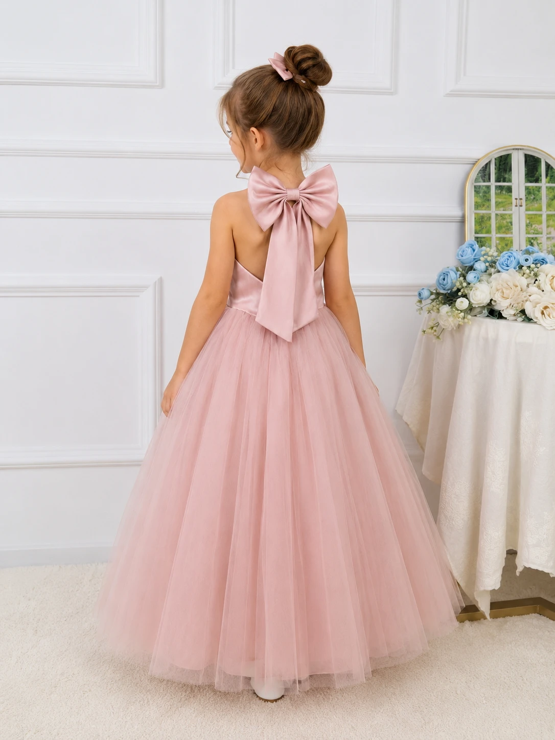 White Chiffon Satin Wedding Dress, Elegant Girl Beauty Pageant Long Dress, Fancy Ball Girl Carnival Costume