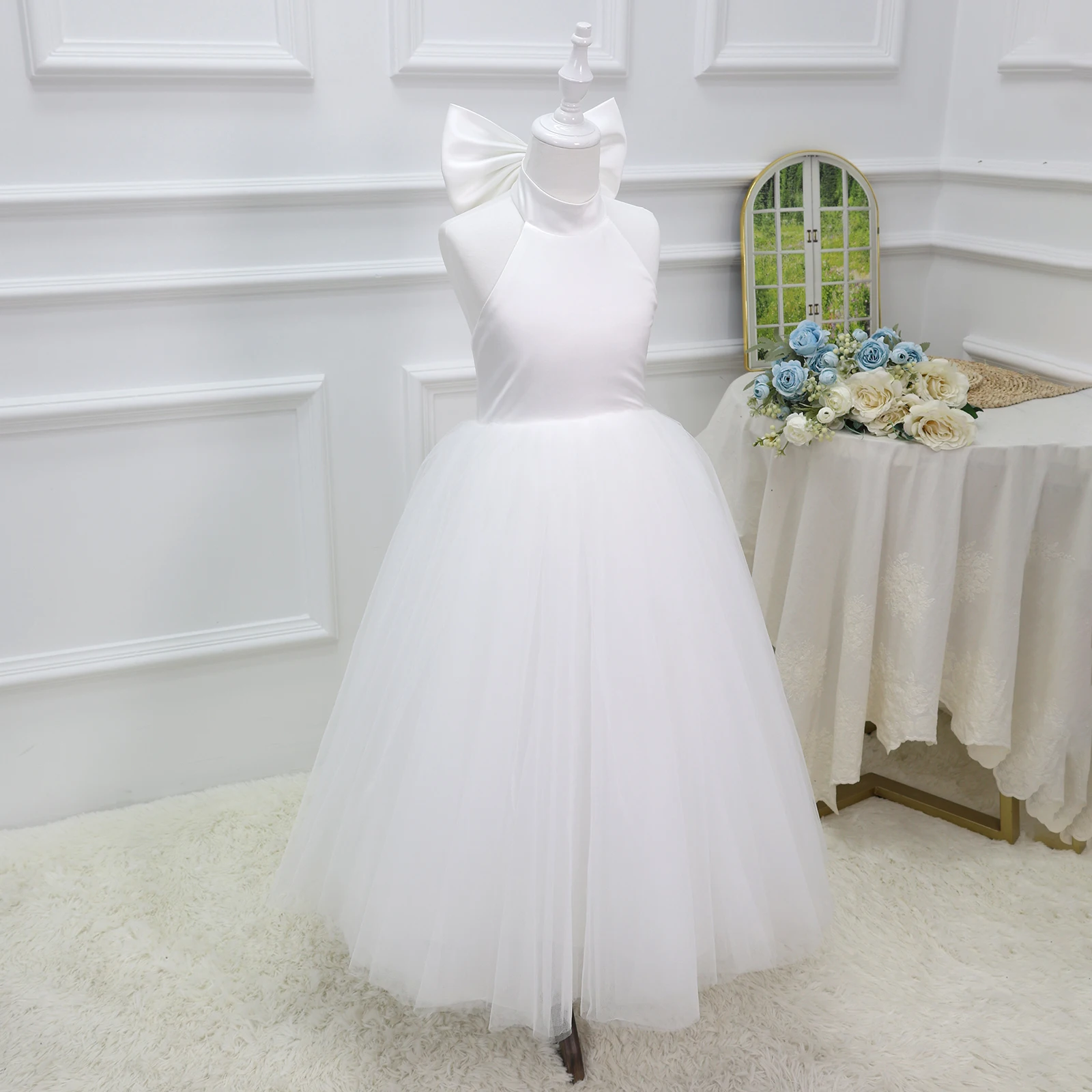White Chiffon Satin Wedding Dress, Elegant Girl Beauty Pageant Long Dress, Fancy Ball Girl Carnival Costume