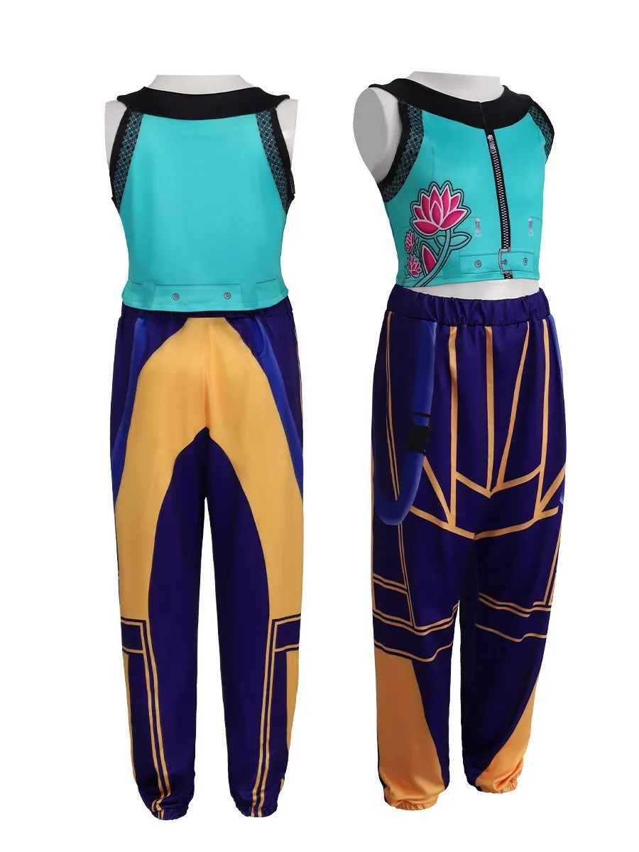 Girl Singer Band Performance Uniform Dance Costume 2Pcs Lotus Print Sleeveless Vest Elastic Waist Trousers 80s Streetwear Outfit