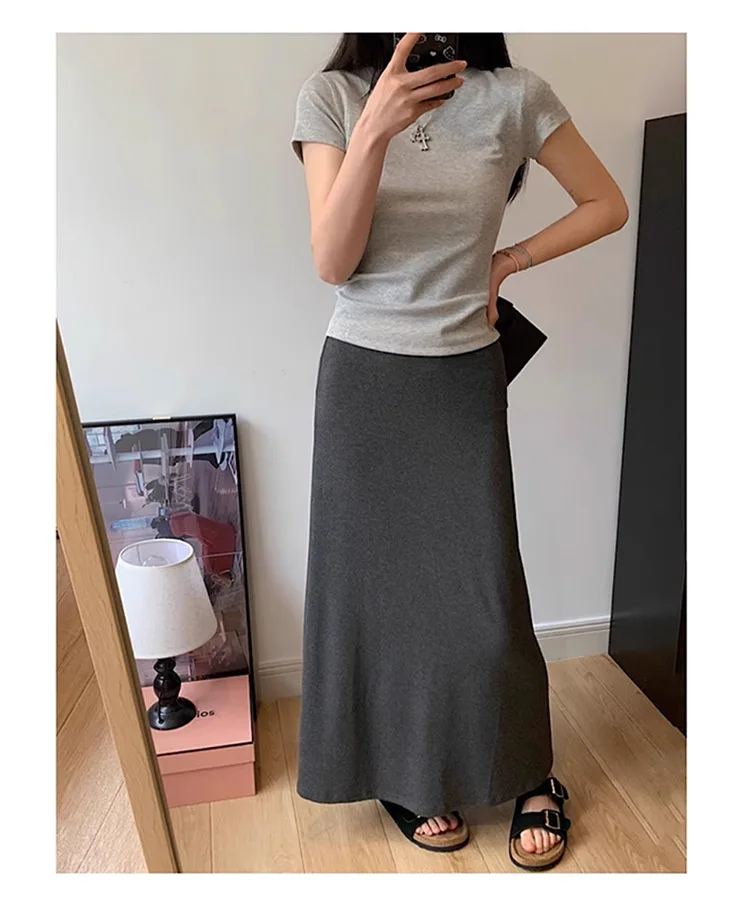 2025 New Summer Maternity Maxi Skirt: Plus Size High-Waist Gray A-Line Fishtail Skirt, Thin Breathable Fabric for Daily Wear
