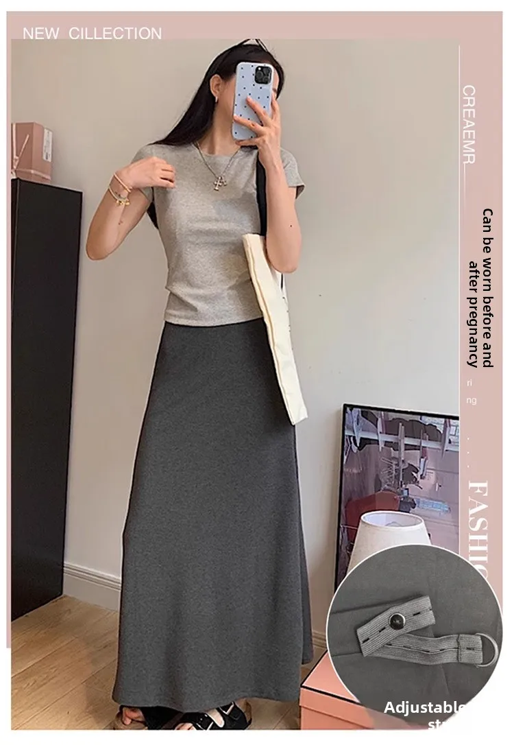 2025 New Summer Maternity Maxi Skirt: Plus Size High-Waist Gray A-Line Fishtail Skirt, Thin Breathable Fabric for Daily Wear