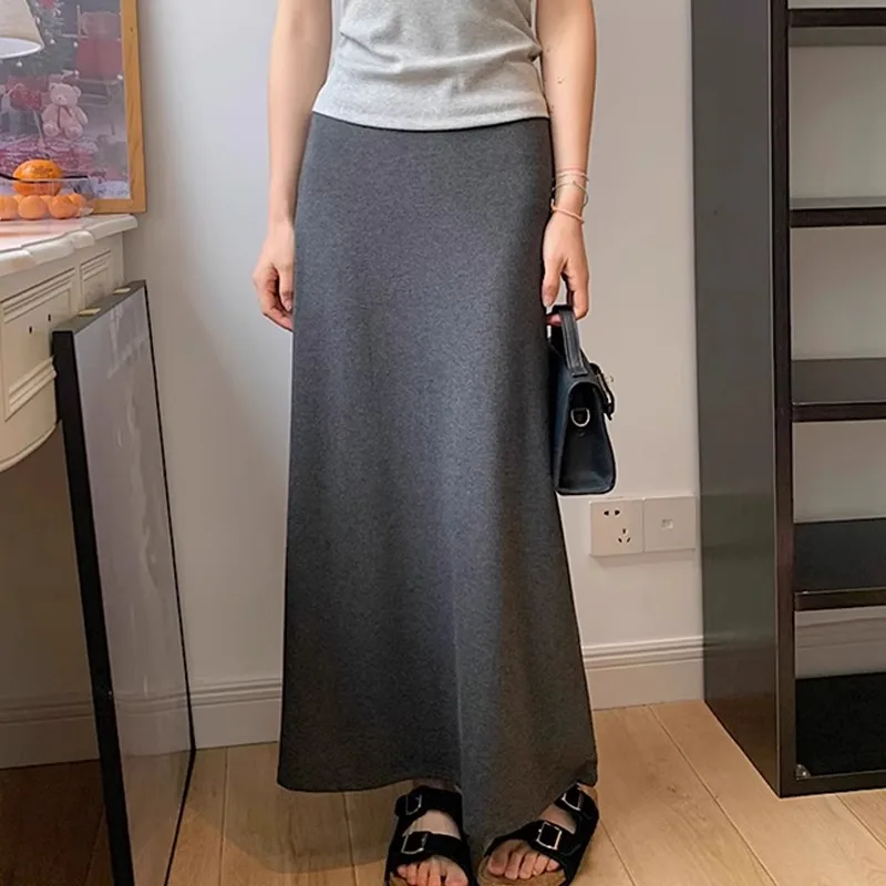 2025 New Summer Maternity Maxi Skirt: Plus Size High-Waist Gray A-Line Fishtail Skirt, Thin Breathable Fabric for Daily Wear
