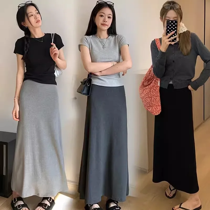 2025 New Summer Maternity Maxi Skirt: Plus Size High-Waist Gray A-Line Fishtail Skirt, Thin Breathable Fabric for Daily Wear