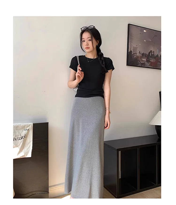 2025 New Summer Maternity Maxi Skirt: Plus Size High-Waist Gray A-Line Fishtail Skirt, Thin Breathable Fabric for Daily Wear