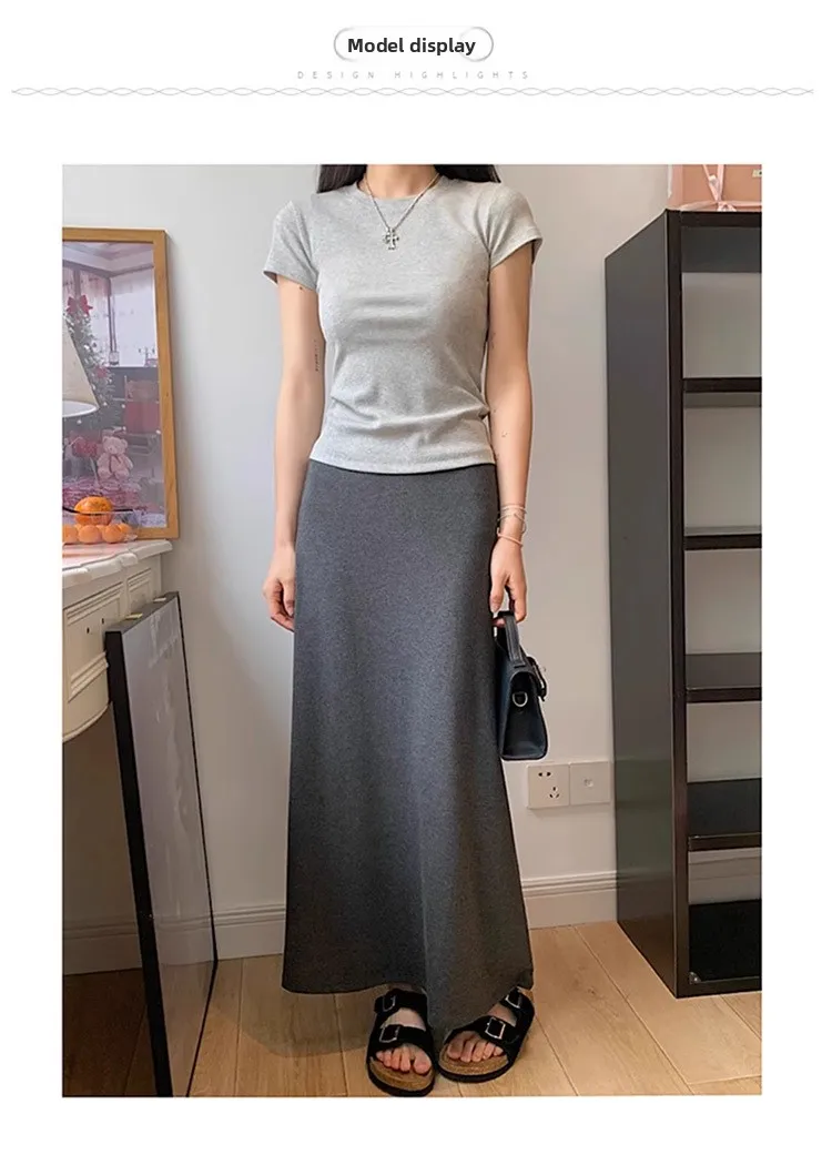 2025 New Summer Maternity Maxi Skirt: Plus Size High-Waist Gray A-Line Fishtail Skirt, Thin Breathable Fabric for Daily Wear
