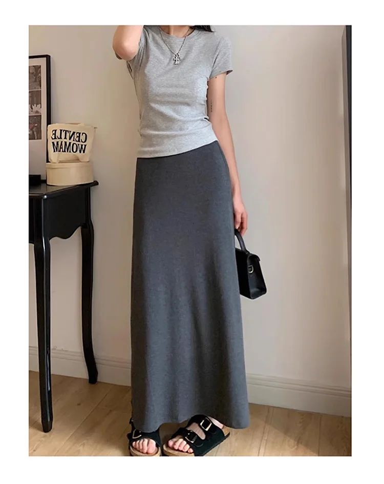 2025 New Summer Maternity Maxi Skirt: Plus Size High-Waist Gray A-Line Fishtail Skirt, Thin Breathable Fabric for Daily Wear
