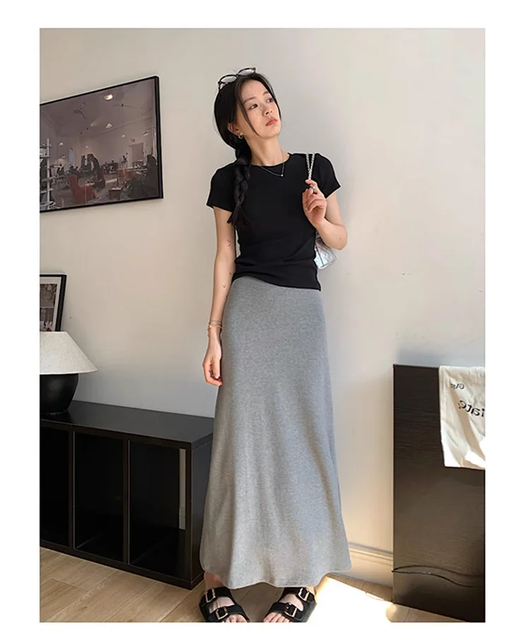2025 New Summer Maternity Maxi Skirt: Plus Size High-Waist Gray A-Line Fishtail Skirt, Thin Breathable Fabric for Daily Wear