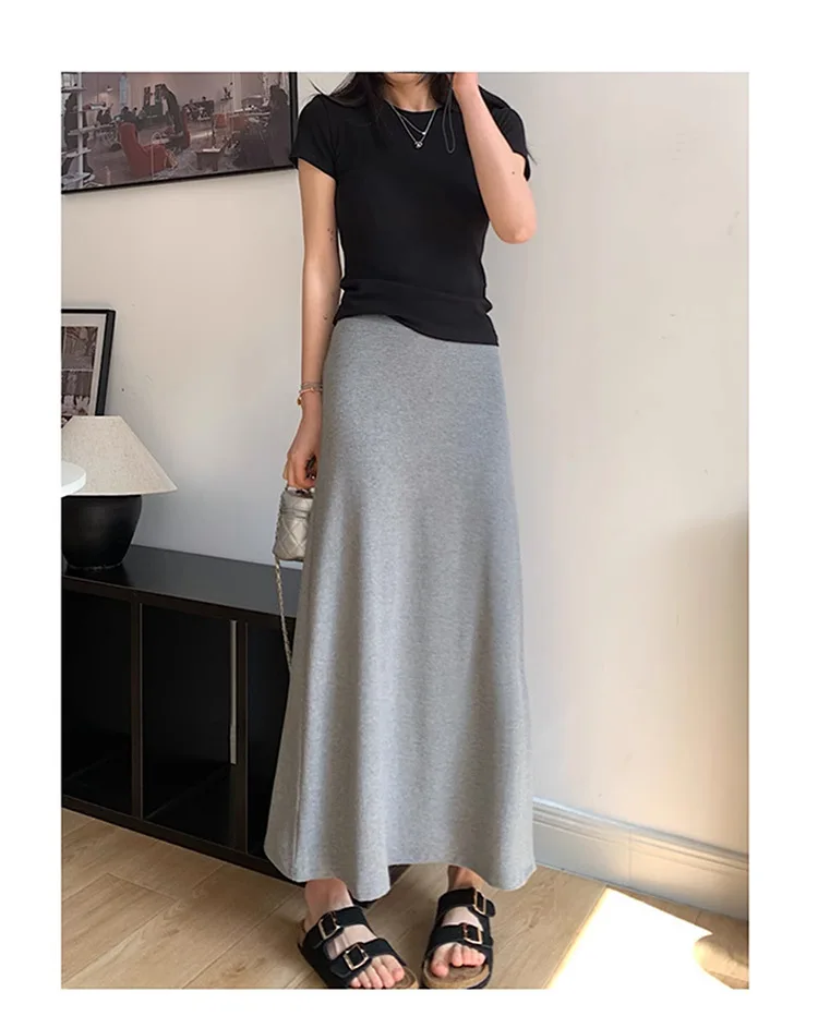 2025 New Summer Maternity Maxi Skirt: Plus Size High-Waist Gray A-Line Fishtail Skirt, Thin Breathable Fabric for Daily Wear