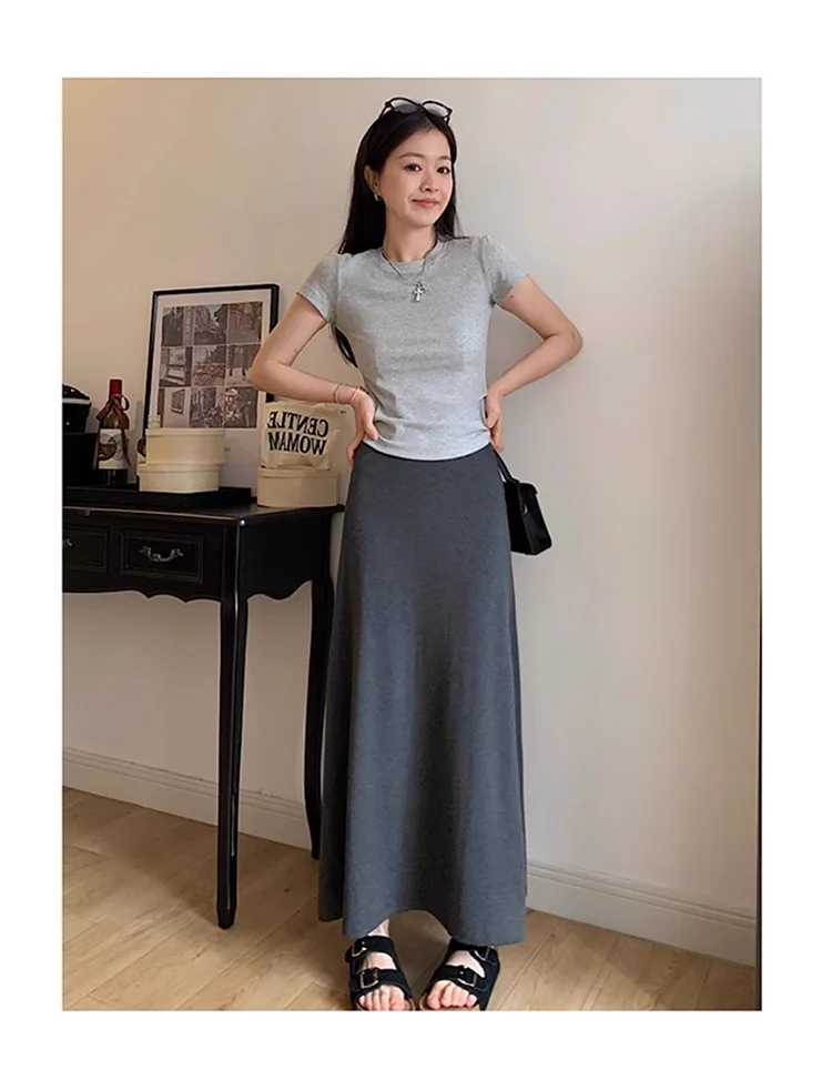 2025 New Summer Maternity Maxi Skirt: Plus Size High-Waist Gray A-Line Fishtail Skirt, Thin Breathable Fabric for Daily Wear