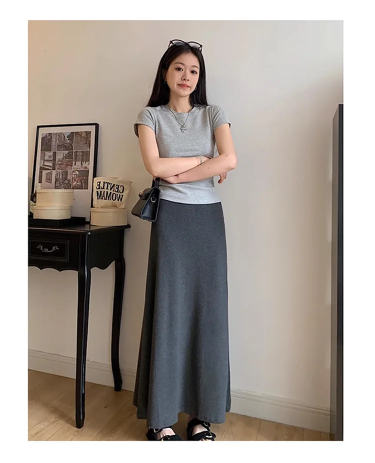 2025 New Summer Maternity Maxi Skirt: Plus Size High-Waist Gray A-Line Fishtail Skirt, Thin Breathable Fabric for Daily Wear