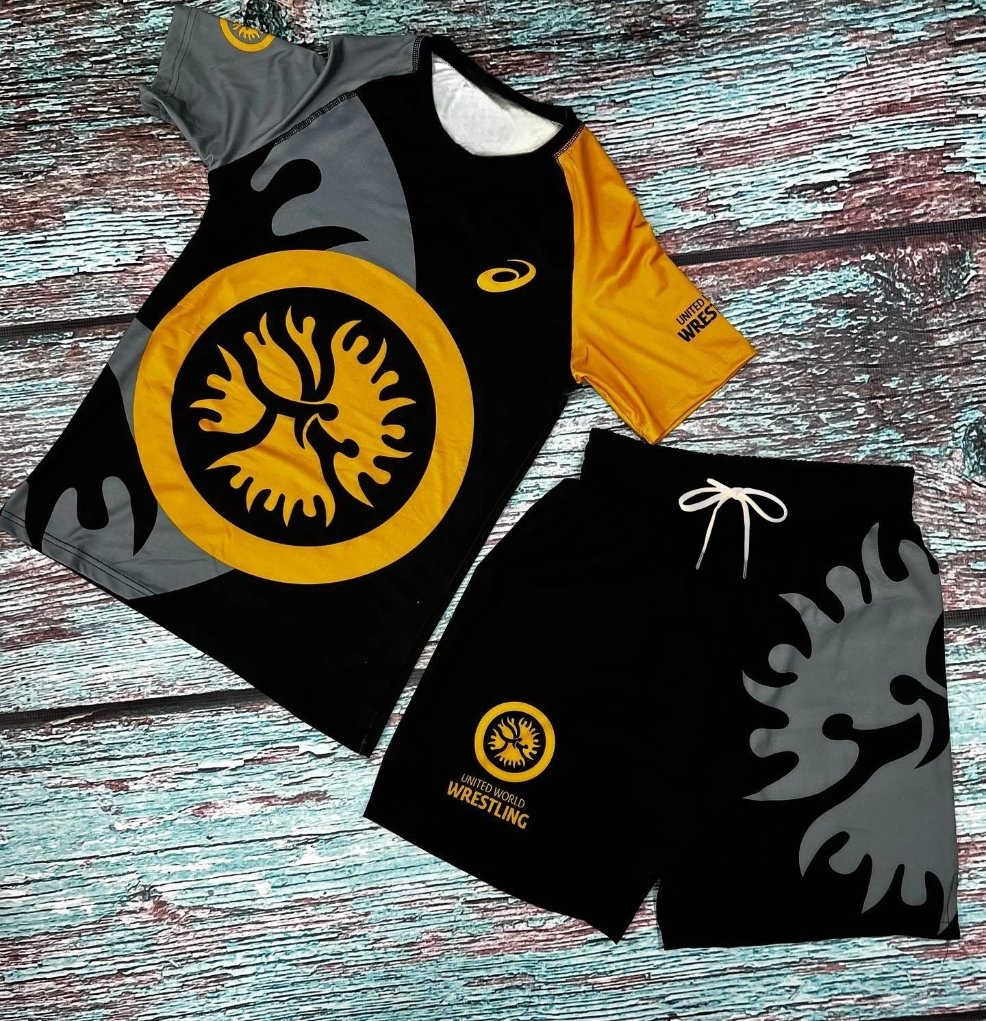 2026 New Men's Kids United World Wrestling Sports Set Black White Quick Drying MMA Training T-shirt & Shorts Combat Suit