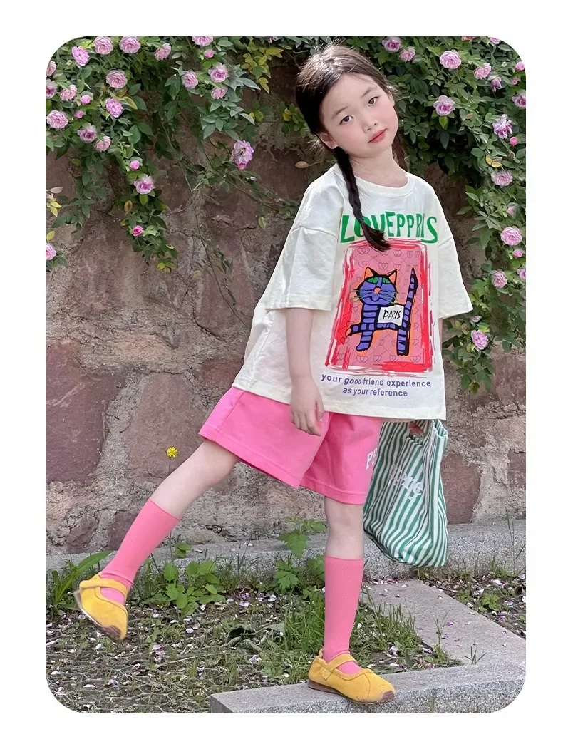 2026 New Children's casual Set Summer fashion girls' sporty short-sleeved shorts summer wear 4-14Years old girls