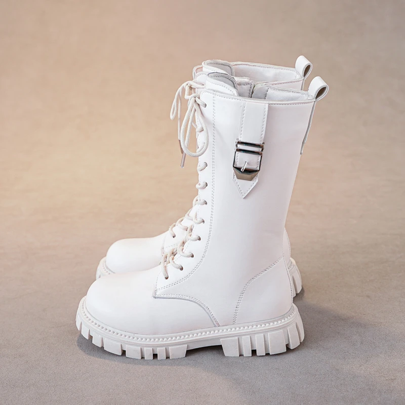Elegant Zipper Baby Girl Casual Fashion Boots Autumn/winter Round Toe Warm Thick Sole Lace Comfortable Children's Midsole Boots