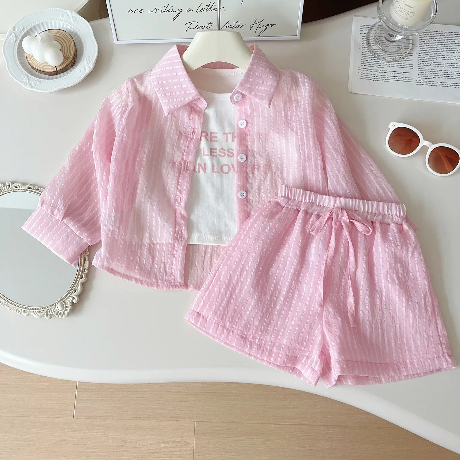 Summer New Girls Sunscreen Set Stripe Long Sleeve Shirt+Vest+Shorts Suit For 2-10Y Kids Fashion Sun UV Protection 3Pcs Outfit