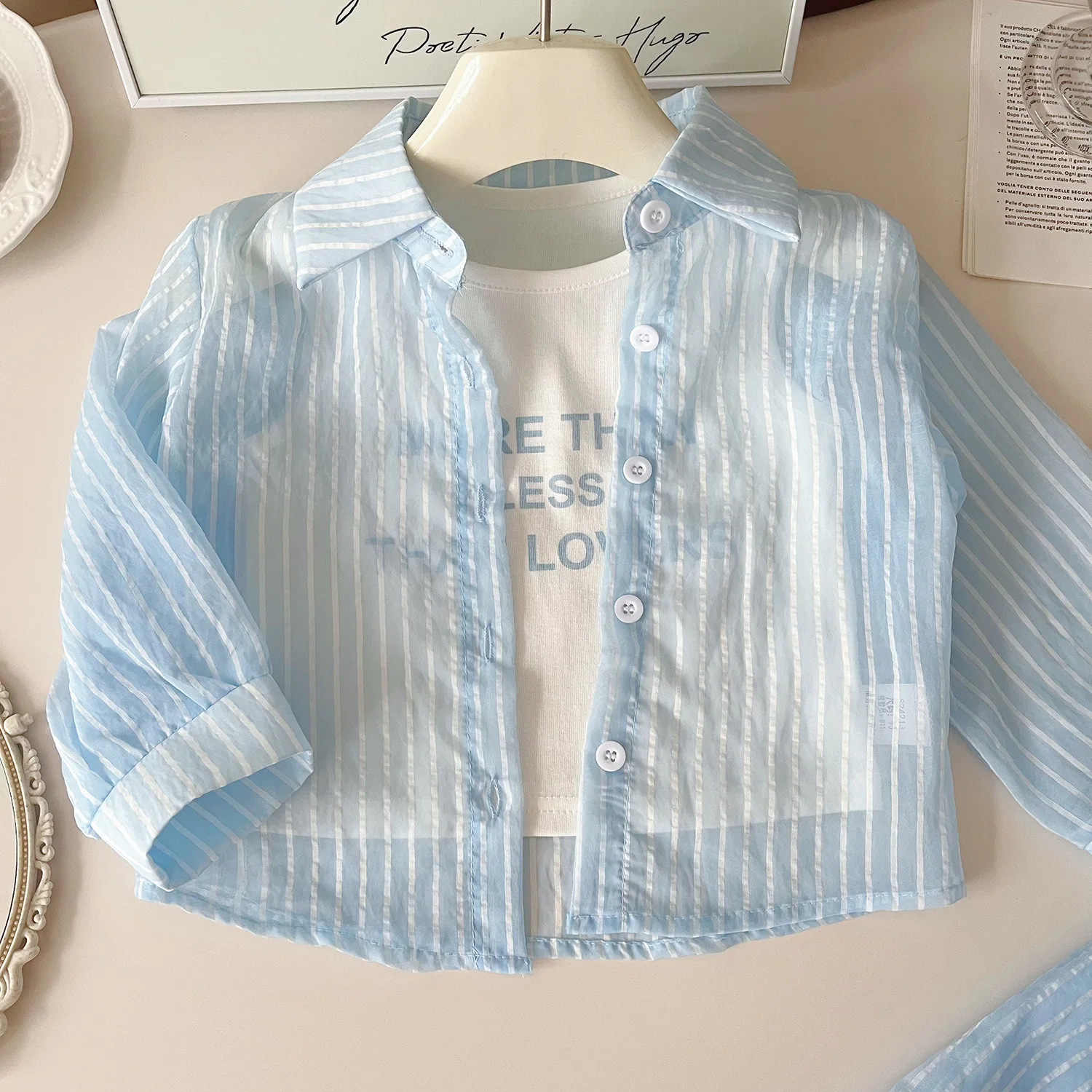 Summer New Girls Sunscreen Set Stripe Long Sleeve Shirt+Vest+Shorts Suit For 2-10Y Kids Fashion Sun UV Protection 3Pcs Outfit