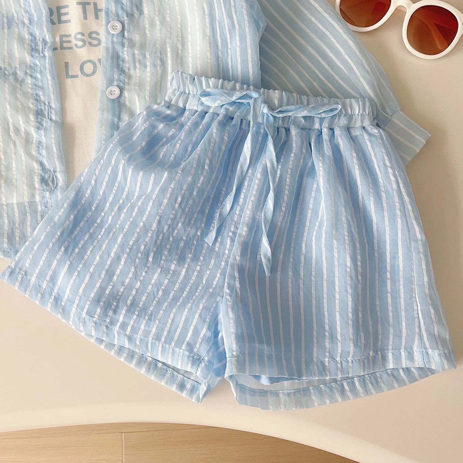 Summer New Girls Sunscreen Set Stripe Long Sleeve Shirt+Vest+Shorts Suit For 2-10Y Kids Fashion Sun UV Protection 3Pcs Outfit