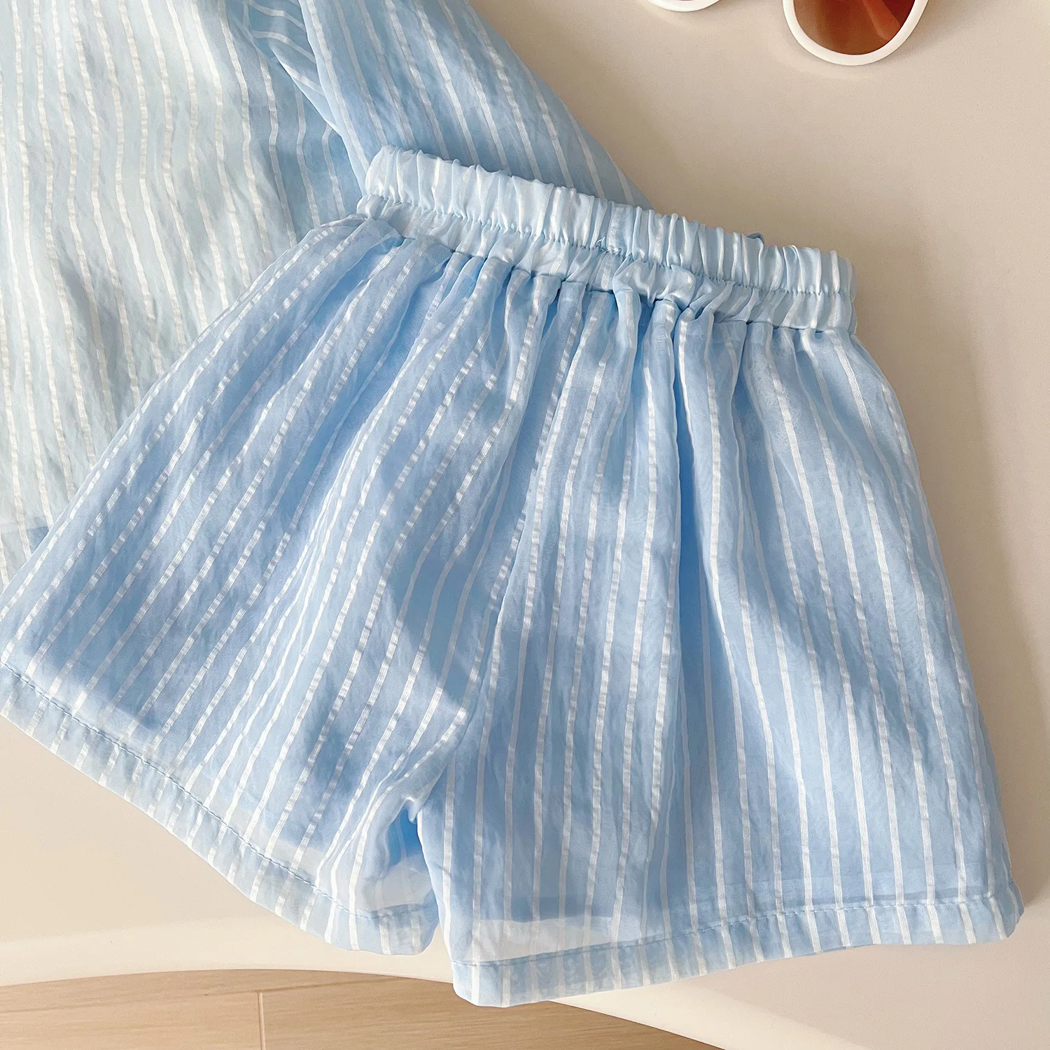 Summer New Girls Sunscreen Set Stripe Long Sleeve Shirt+Vest+Shorts Suit For 2-10Y Kids Fashion Sun UV Protection 3Pcs Outfit