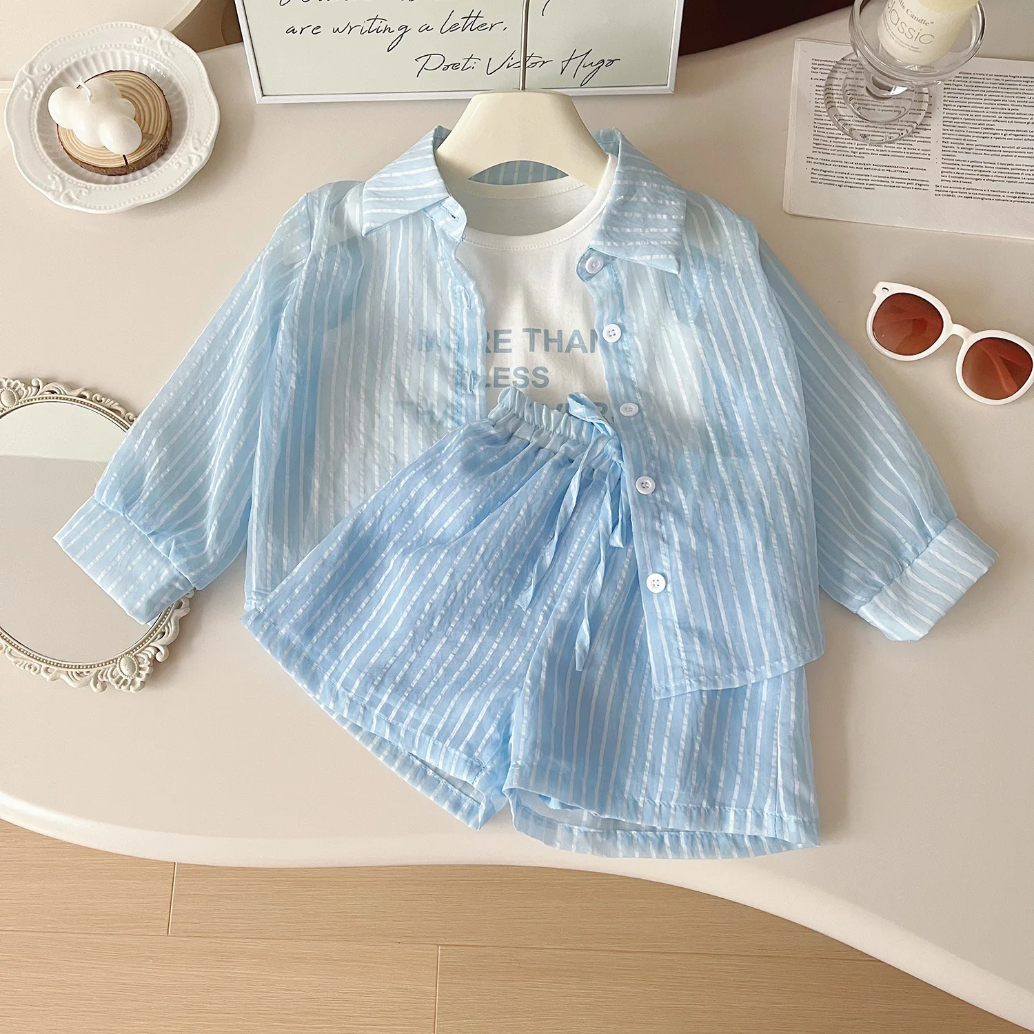 Summer New Girls Sunscreen Set Stripe Long Sleeve Shirt+Vest+Shorts Suit For 2-10Y Kids Fashion Sun UV Protection 3Pcs Outfit