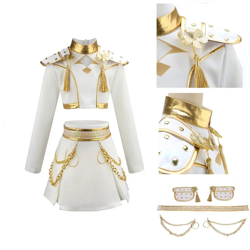 Girls Knight General Cosplay Costume White Gold Outfit Long Sleeve Top Skirt Set For Halloween Carnival Theme Party