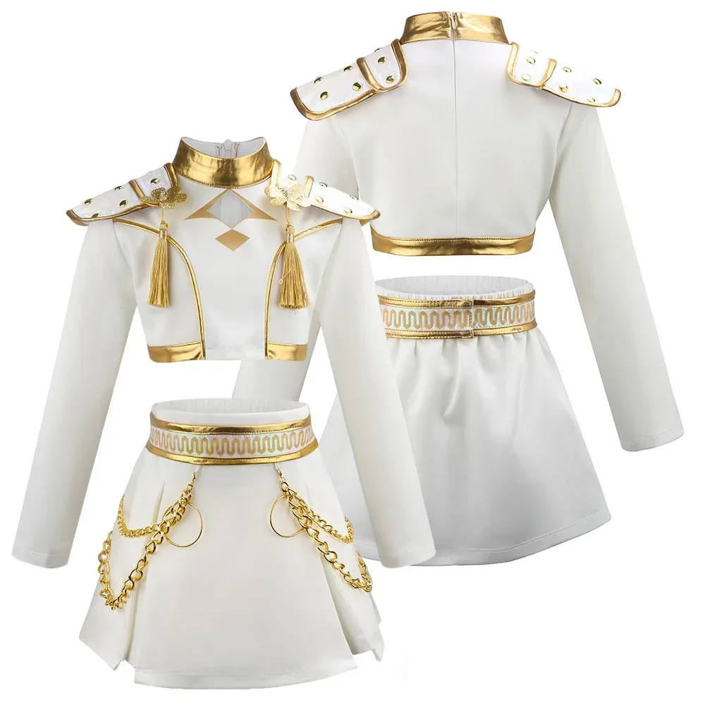 Girls Knight General Cosplay Costume White Gold Outfit Long Sleeve Top Skirt Set For Halloween Carnival Theme Party