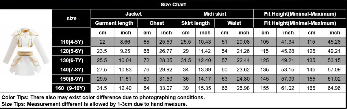 Girls Knight General Cosplay Costume White Gold Outfit Long Sleeve Top Skirt Set For Halloween Carnival Theme Party