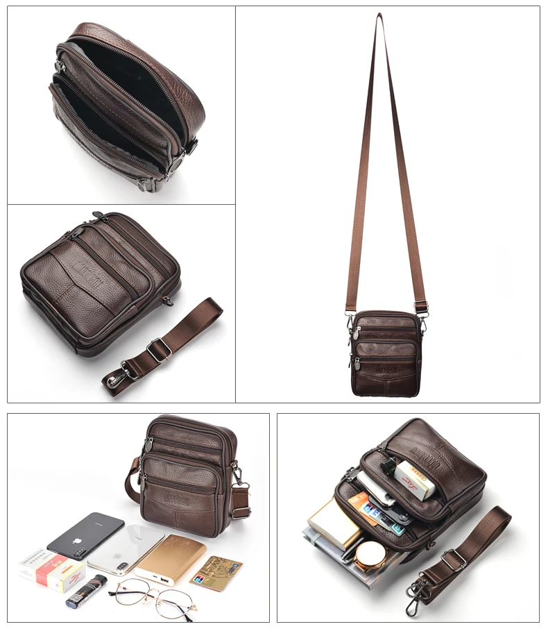 Men's Genuine Leather Crossbody Bag High Quality Zipper Pocket Retro Business Messenger Bag for Men
