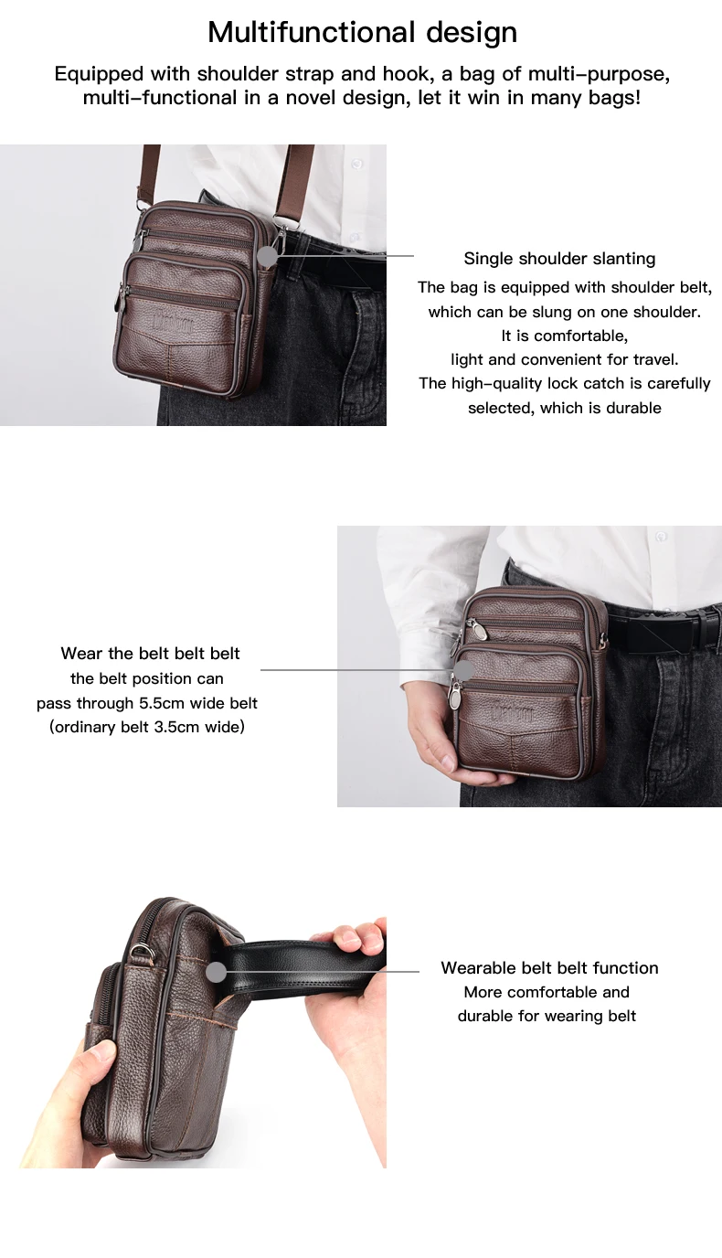 Men's Genuine Leather Crossbody Bag High Quality Zipper Pocket Retro Business Messenger Bag for Men