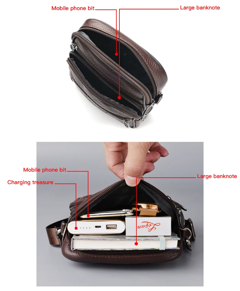 Men's Genuine Leather Crossbody Bag High Quality Zipper Pocket Retro Business Messenger Bag for Men