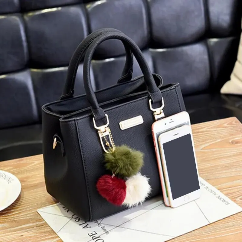 Fashion PU Leather Bucket With Hairball Ornaments Women Handbag Vintage Solid Color Top Handle Shoulder Crossbody Bags