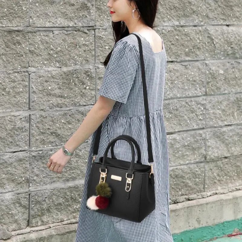 Fashion PU Leather Bucket With Hairball Ornaments Women Handbag Vintage Solid Color Top Handle Shoulder Crossbody Bags