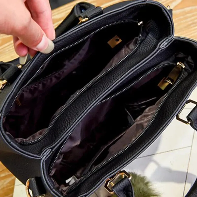 Fashion PU Leather Bucket With Hairball Ornaments Women Handbag Vintage Solid Color Top Handle Shoulder Crossbody Bags