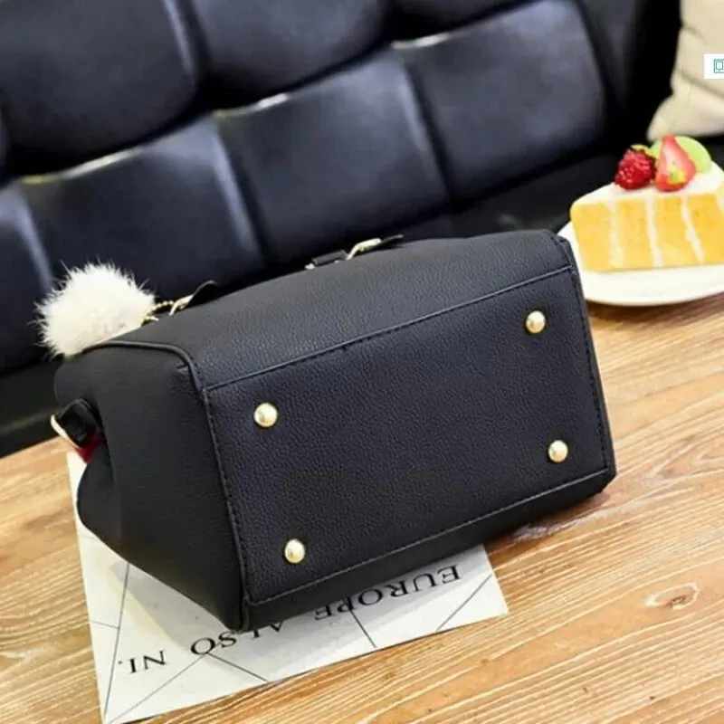 Fashion PU Leather Bucket With Hairball Ornaments Women Handbag Vintage Solid Color Top Handle Shoulder Crossbody Bags