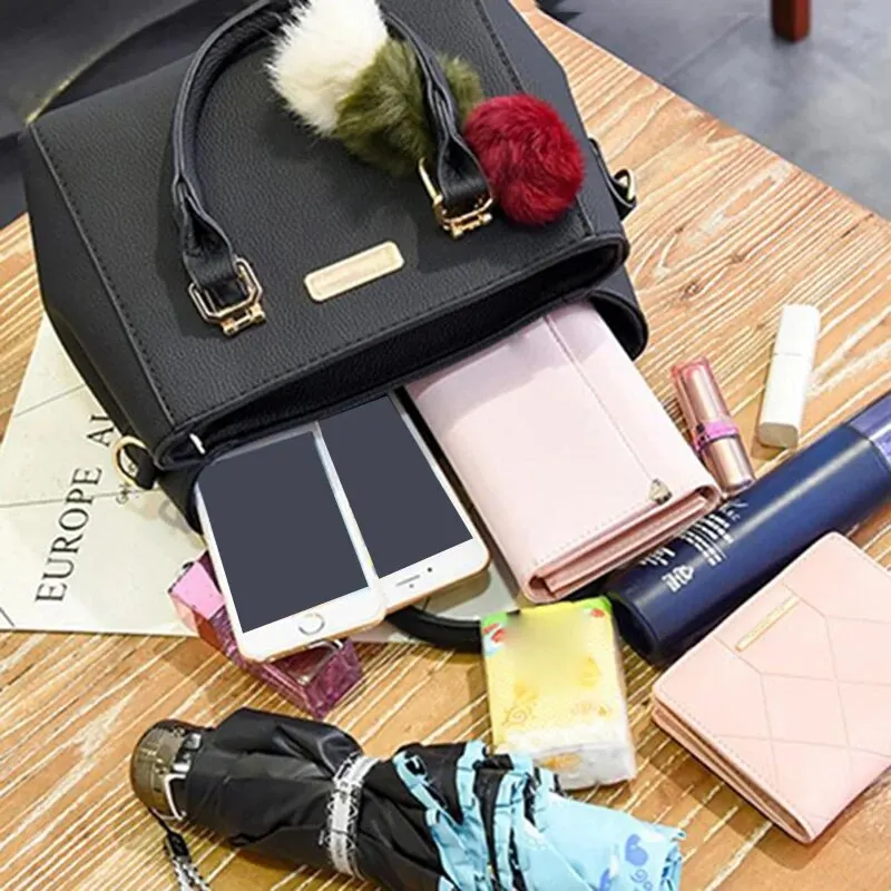 Fashion PU Leather Bucket With Hairball Ornaments Women Handbag Vintage Solid Color Top Handle Shoulder Crossbody Bags