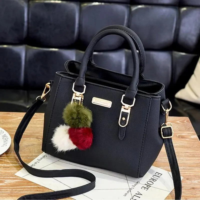 Fashion PU Leather Bucket With Hairball Ornaments Women Handbag Vintage Solid Color Top Handle Shoulder Crossbody Bags
