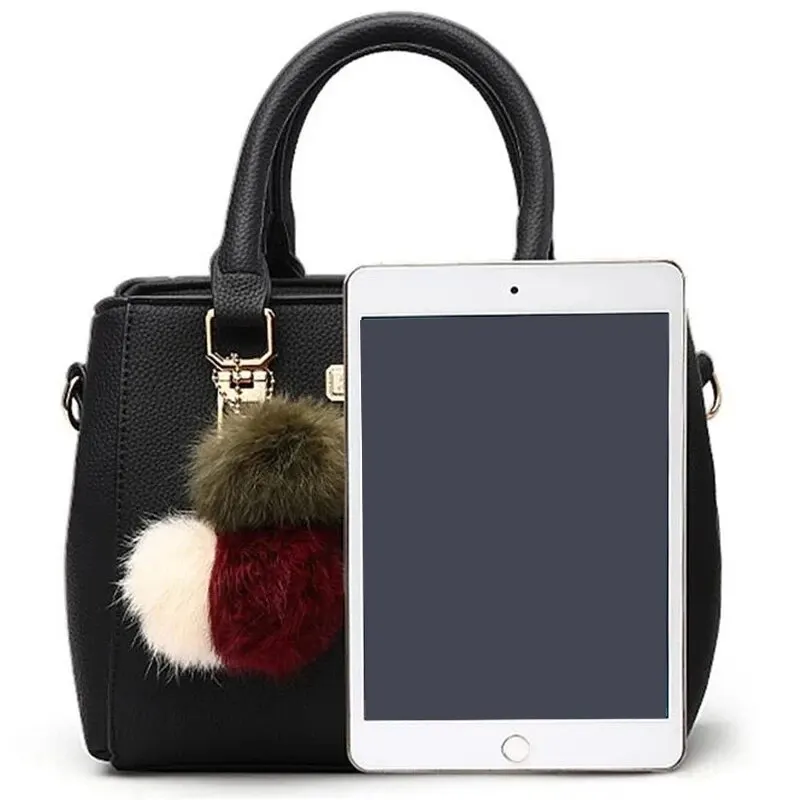 Fashion PU Leather Bucket With Hairball Ornaments Women Handbag Vintage Solid Color Top Handle Shoulder Crossbody Bags