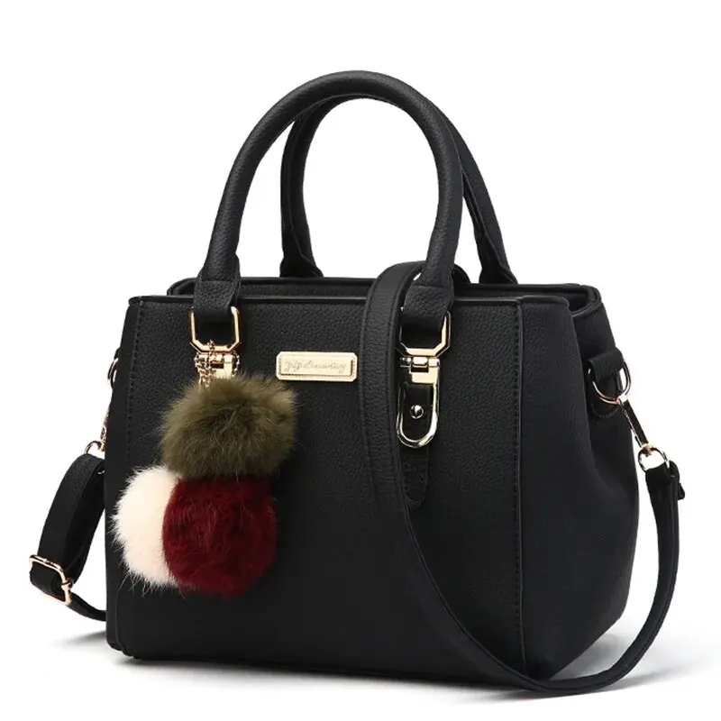 Fashion PU Leather Bucket With Hairball Ornaments Women Handbag Vintage Solid Color Top Handle Shoulder Crossbody Bags