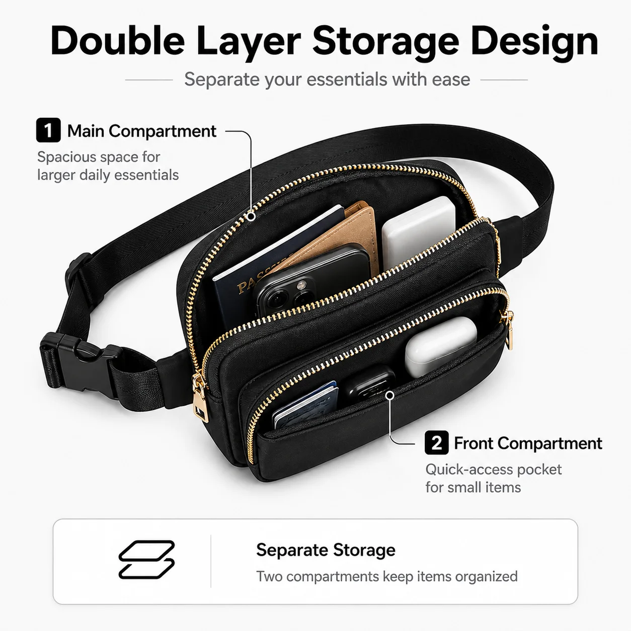 Outdoor Double Zipper Waist Bag Hiking Crossbody Travel Fanny Pack Adjustable Waterproof Small Bag