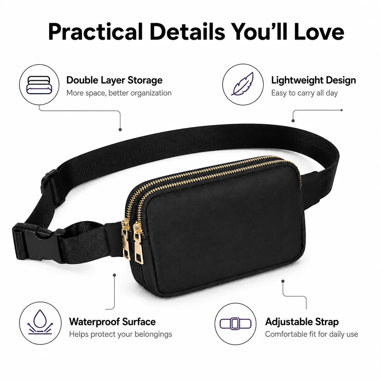 Outdoor Double Zipper Waist Bag Hiking Crossbody Travel Fanny Pack Adjustable Waterproof Small Bag
